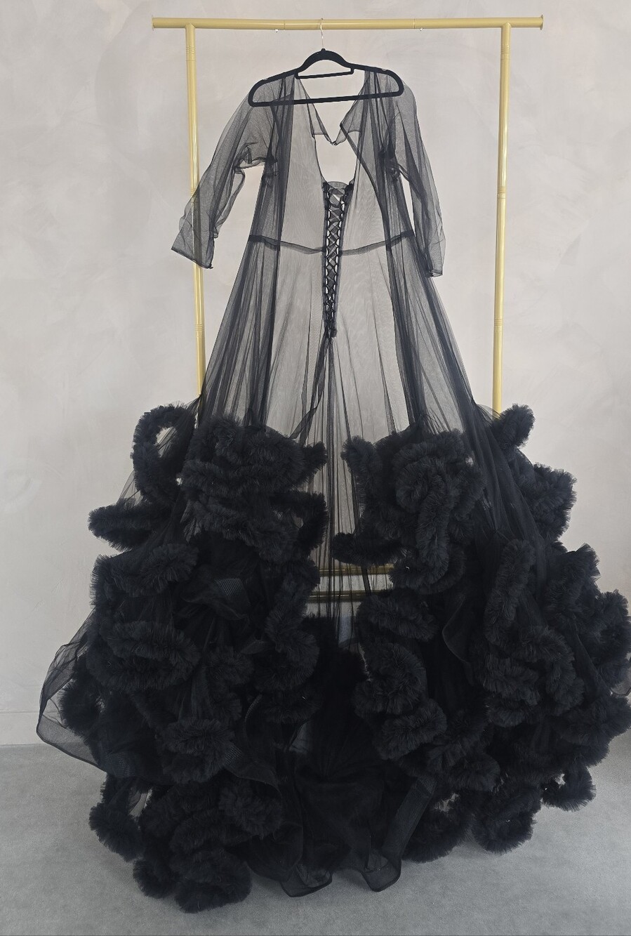 Dramatic Black Sheer Robe with Ruffled Tulle Skirt And Corset Back